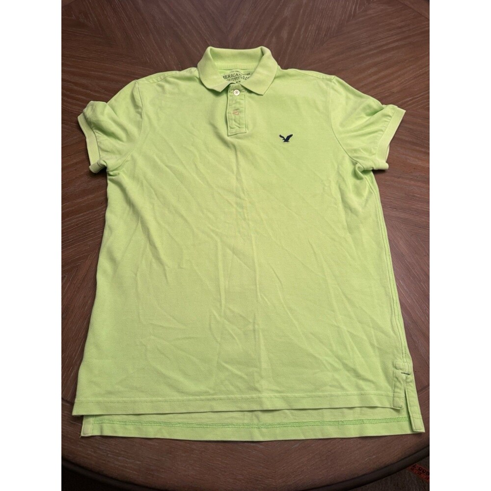 American Eagle Polo Shirt Mens Medium Lime Green Athletic Fit Cotton Navy Logo